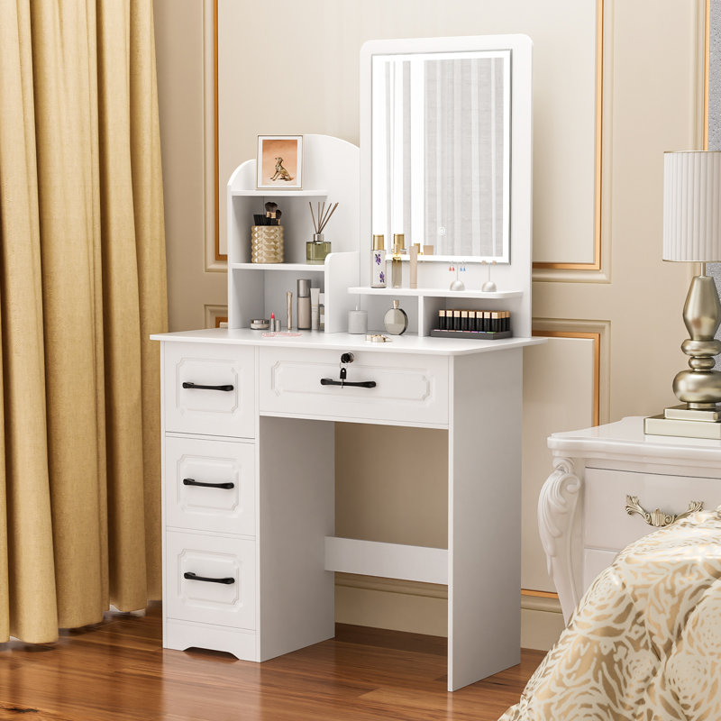 Vanity Desk With Led Light Mirror, Makeup Table Top With 6 Open Bookcases, 4 Drawers, Dresser Table For Bedroom, Checkroom