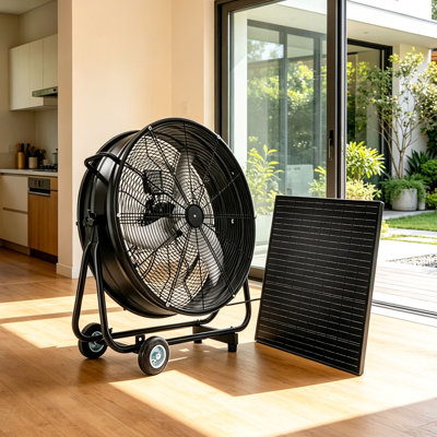 30"Solar Fan with 140W Adjustable Solar Panel,130W DC Brushless Mobile Vent Fan with Wheels ,3-Speed Remote Control for Warehouse,Workshop,Outdoor Campin