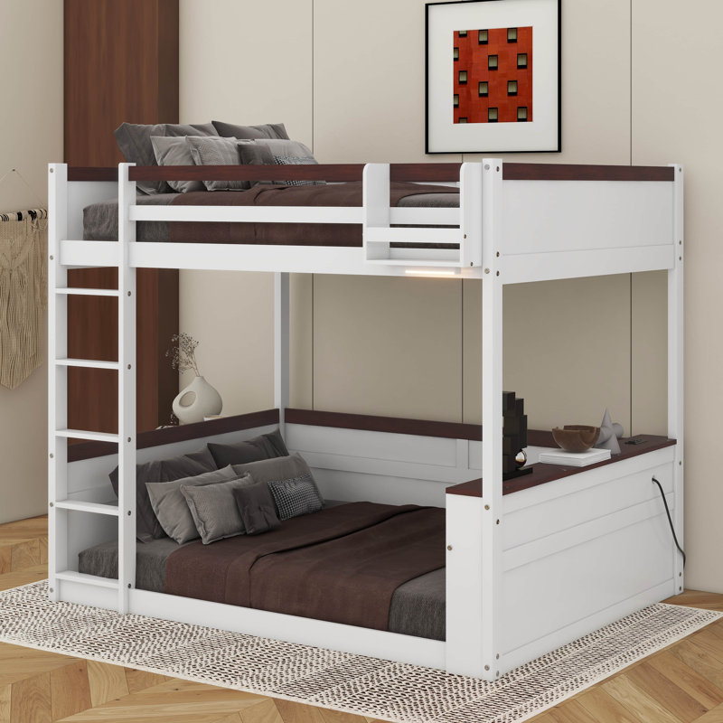 Queen Size Wooden Bunk Bed With Built-In Shelves, LED Light And USB Charging Station, White