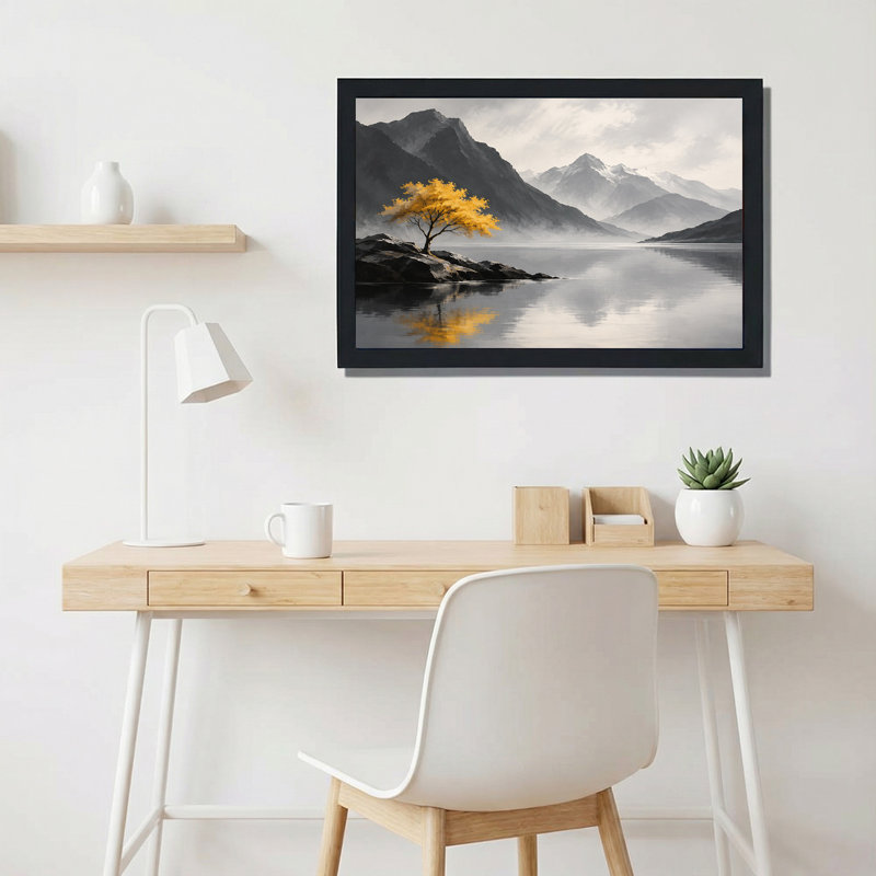 Art sur toile, arbre jaune sur un affleurement rocheux avec montagnes enneigées, H 20 po x l 30 po