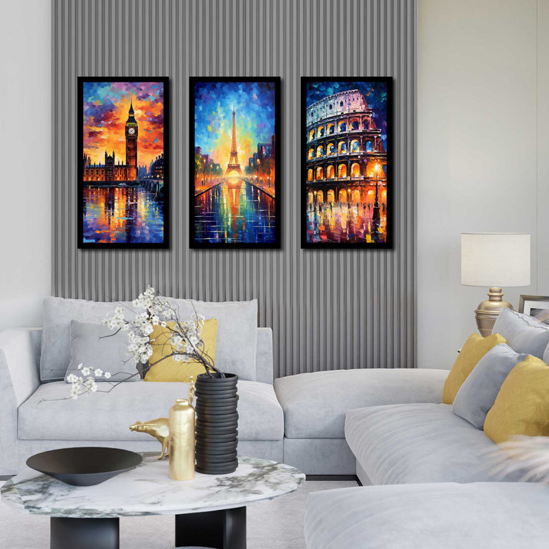 «Big Ben» à Londres, Tour Eiffel à Paris et Colisée à Rome au crépuscule par V2 Design Co. - Ensemble de 3 peintures à cadre unique