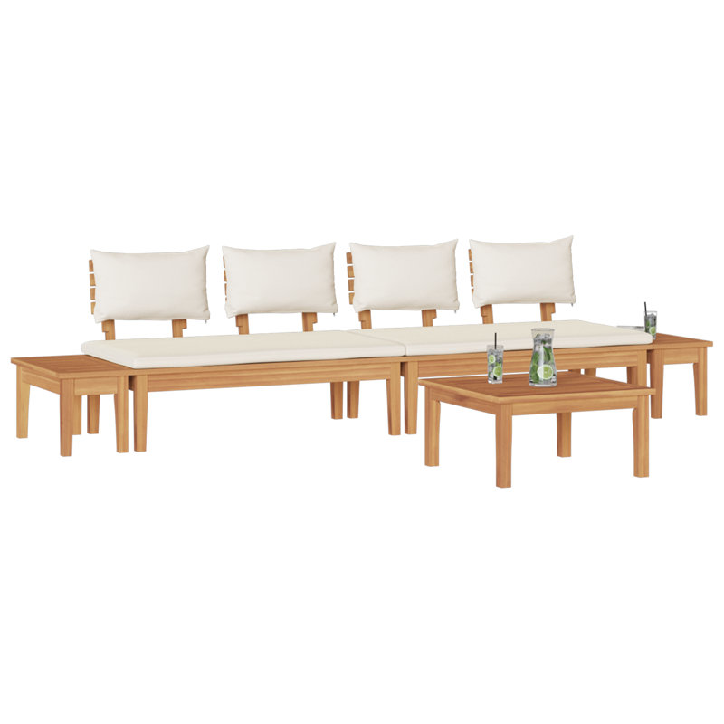 Ensemble de banc de jardin 5 pièces avec coussins - bois de teck massif, Blanc