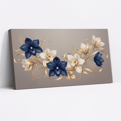 Impression sur toile orchidées bleu marine et crème avec feuilles dorées
