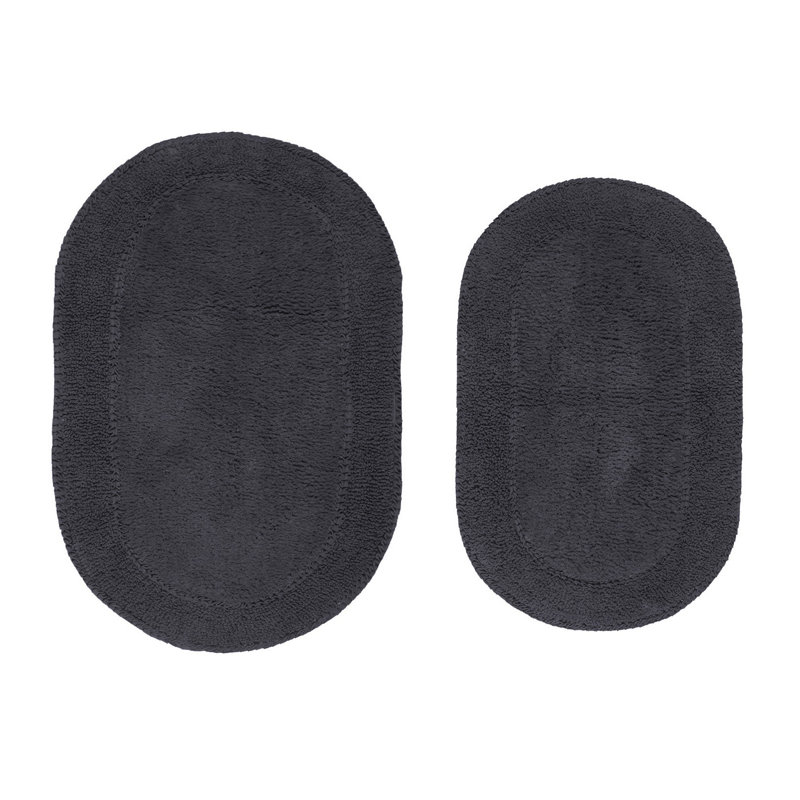 Yandel Double Ruffle Oval 100% Cotton Piece Bath Rug Set, Gray