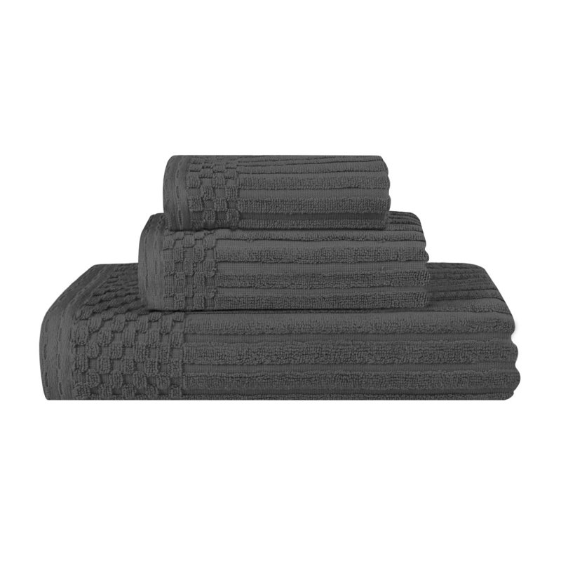 Kaelea Soho Cotton Ribbed Checkered Border Medium Weight 3 Piece Assorted Bathroom Towel Set, Dark Gray, 3 Piece Towel set