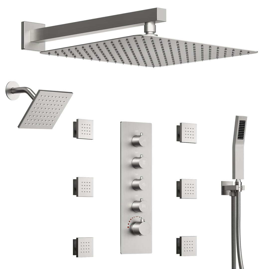  Thermostatic Dual Showerheads System, Wall Mount 16" High-Pressure Rainfall Shower Faucet with Handheld Spray and Body Jet EVERSTEIN 