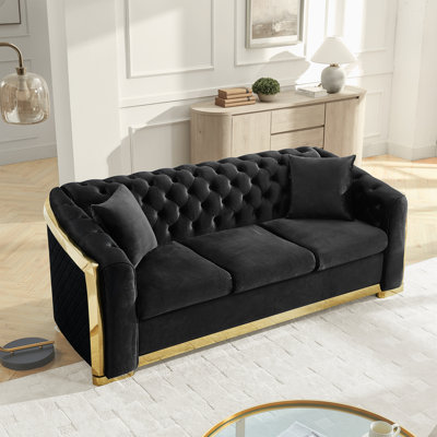 Canapé de luxe 84 po en velours capitonné avec décoration en acier inoxydable doré