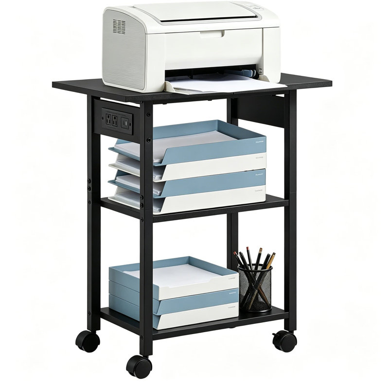 Support d'imprimante industriel à 3 niveaux avec station de charge, chariot d'imprimante mobile avec tablette de rangement et cadre en acier, table d'imprimante roulante avec roues verrouillables pour le bureau personnel