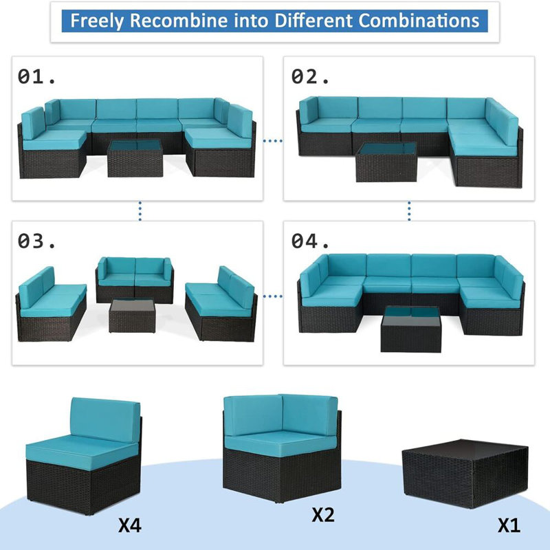 Emilienne PE Wicker 6-Person Patio Conversation Set, Black, Blue
