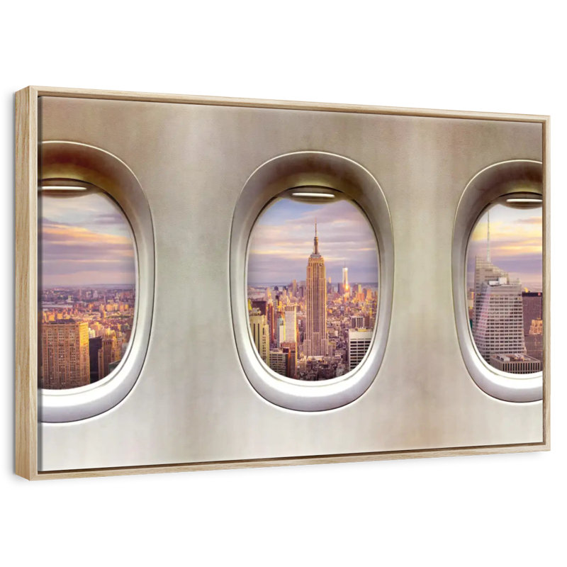 Fenêtres rétro pour avion, Cadre flottant en bois naturel, 43 po x 29 po