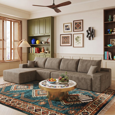 135" Corduroy Sectional Boneless Couch with Facing Chaise, No Assembly Required, L Shaped Modular Sectional Sofa, Cozy Compression Couch for Living Room, Apartment