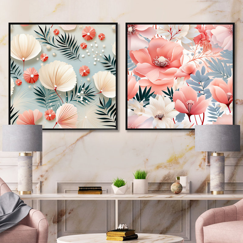 Seaside Elegance - motif tropical - ensemble de 2 collages floraux carrés, Cadre flottant noir, H 16 po x l 33 po