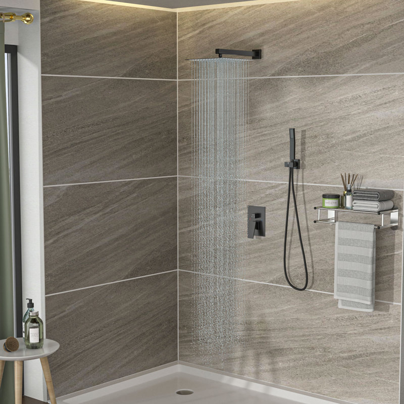 Pomme de douche double - Système de douche carré mural de 10 po avec valve brute, Matte Black