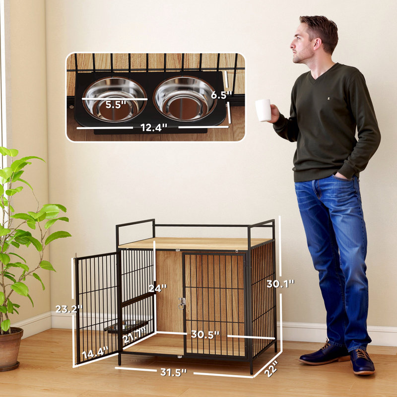 Table d'appoint d'intérieur pour chenil avec bols rotatifs, 2 portes anti-évasion
