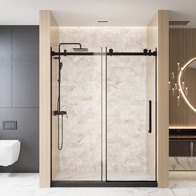 Frameless Single sliding shower door  56-60 "W x 76" H, 1/4 "(6 mm) Clear Tempered Glass, Explosion Proof Film, Stainless Steel Handle Square Tube Track ,Matte Black