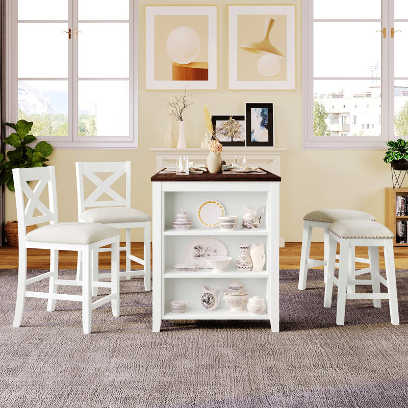 Ensemble de table de bar en bois à hauteur de comptoir classique avec 2 tabourets et 2 chaises, Brun / blanc, Blanc / beige