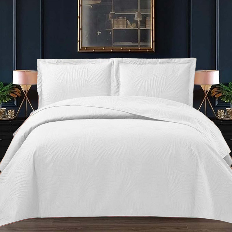 Polyester Floral Bedspread with Pillow Shams, King Bedspread  + 2 Standard Pillow Shams, White