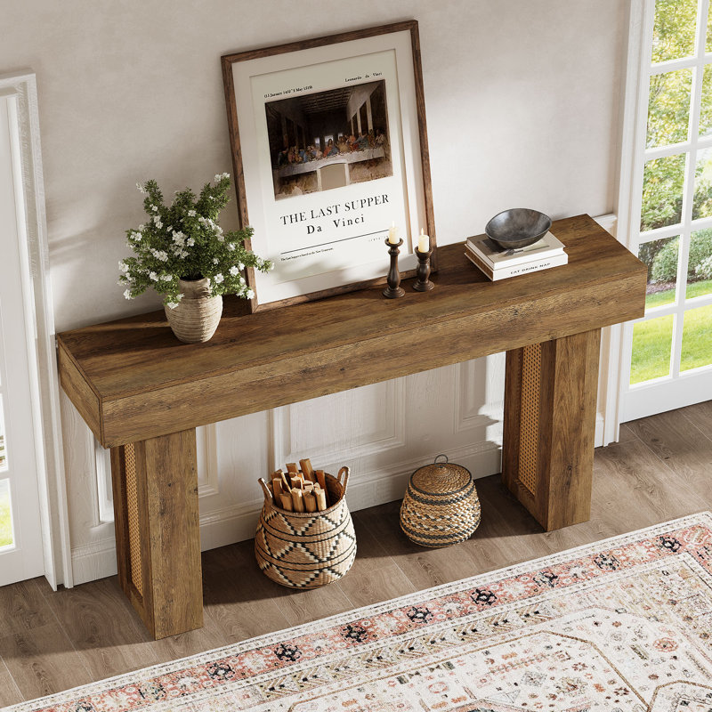 63 Inch Rattan Console Table, Farmhouse Entryway Table Sofa Table With Heavy Duty Legs