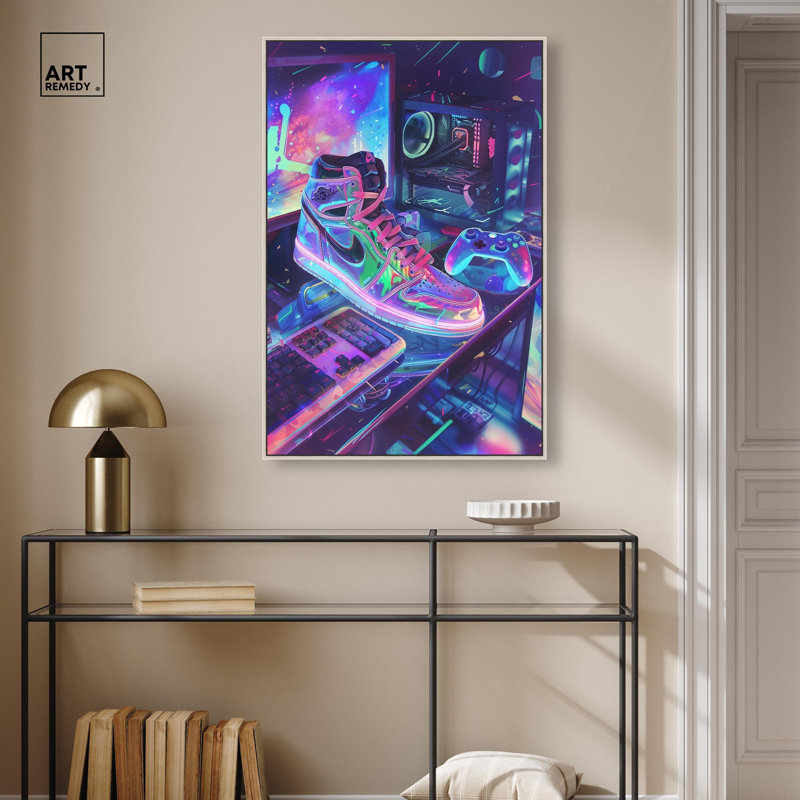 Toile «Neon Gaming Set Up» par Art Remedy, H 37 po x l 25 po, Cadre flottant, Argent