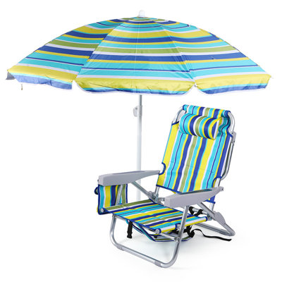 Chaise de plage à haut dossier avec parasol, chaise de plage à rayures pour adultes avec poche glacière et porte-gobelet, chaise pliante portable pour la plage, le lac et le camping