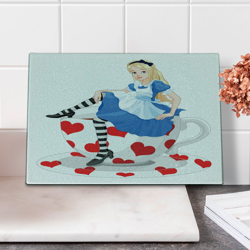Ambesonne Alice in Wonderland Tempered Glass Cutting Board Lady with Tea Multicolor