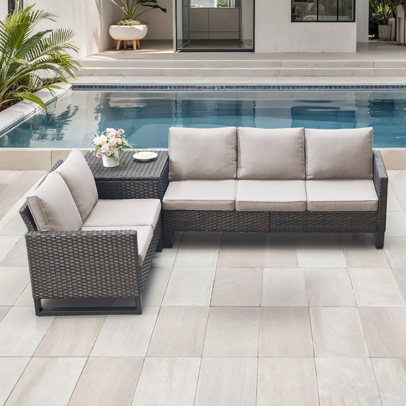 Ingvald 5 Person All-Weather Wicker Outdoor Patio Sofa Set With Cushions, Beige