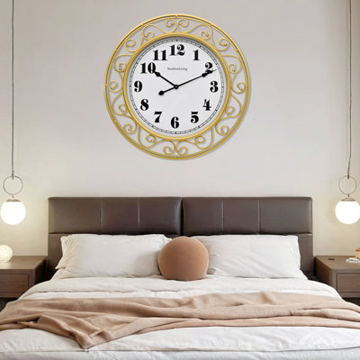 30 Inch Large Gold Wall Clock, Vintage French Country Ornate Metal Scrollwork Frame, Silent Quartz Movement, Easy-to-Read White Dial with Black Numerals for Living Room, Dining Room, Fireplace Mantel, or Entryway