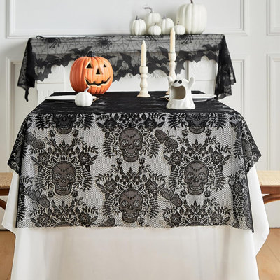 Gothic Table Cloth - Halloween Table Cloths, Skull and Floral Lace Table Cloth, Black Lace Tablecloth for Halloween Christmas Decorations, Rectangle for Desk Runner, Spooky Cloth, Gothic Decor