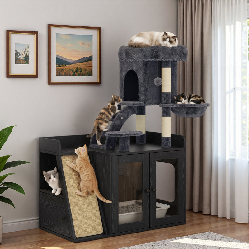 Arbre à chat avec lumière DEL, bac à litière caché, planche à gratter en sisal, espace de rangement, maisonnette pour chat et hamac confortable