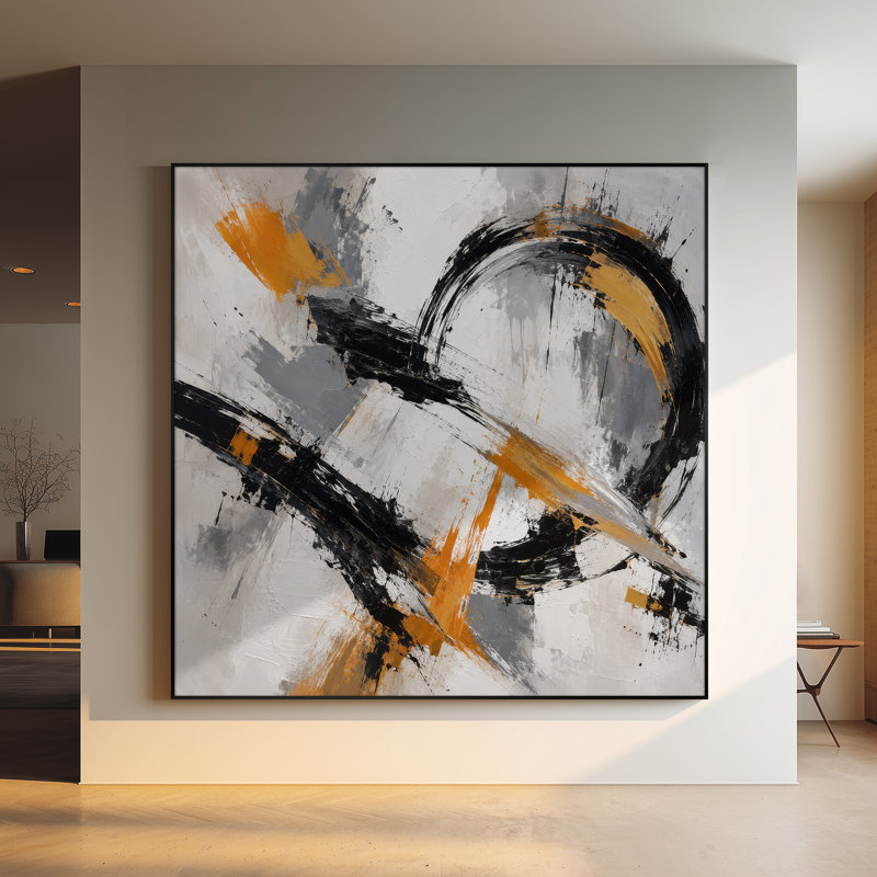 Extra Large Wall Art Fabric Print - Black Gray Orange Expressive Abstract Design for Living Room or Bedroom - "Frame Assembly Required (Unfinished Frame)"