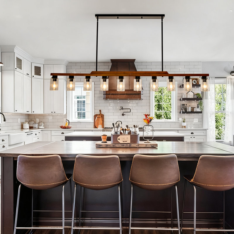 10 Lights Rustic Wood Linear Pendant Light, Adjustable Farmhouse Chandelier With Seeded Glass Shades For Kitchen Island And Dining Room