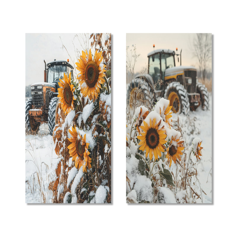 Tournesols et le tracteur enneigé I - ensemble de 2 décorations murales en métal ferme jaune, 32" H x 32" W
