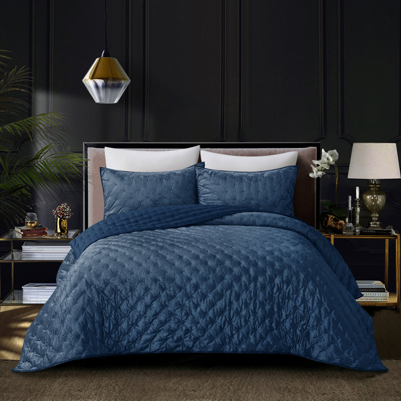 Ensemble d'édredon en velours 3 pièces , Édredon pour lit simple TG + 1 taie décorative, Bleu marine