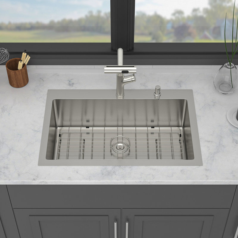 33" Drop-In Kitchen Sink With Pull-Out Faucet And Soap Dispenser - 33 X 22 X 10 Inch Single Bowl 16 Gauge Stainless Steel Topmount Kitchen Sink Basin