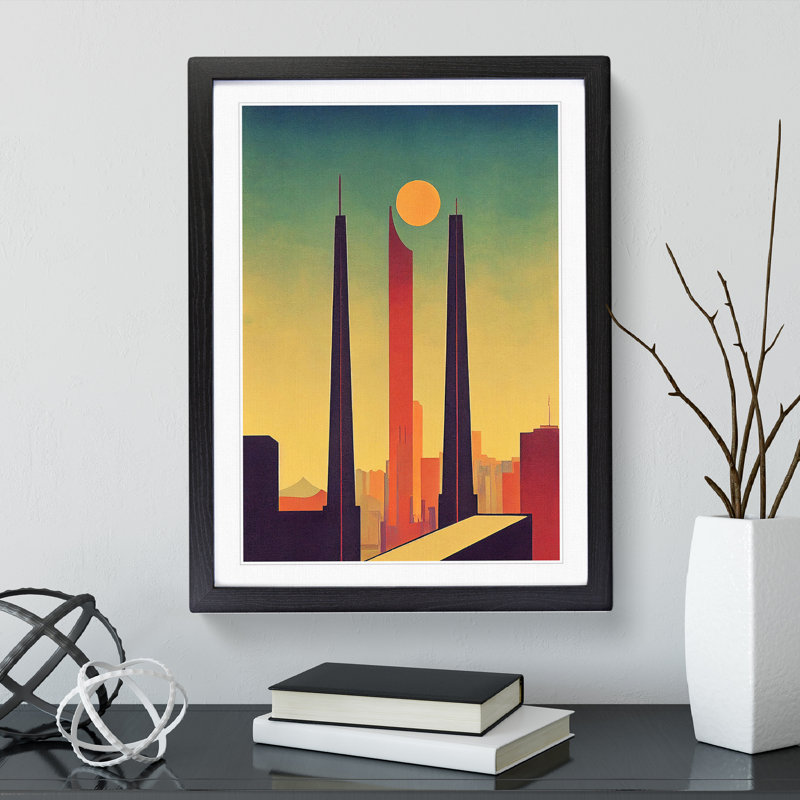 City Skyline Retro Art No.1 - Print, 66cm H x 48cm W x 2cm D, Black Framed