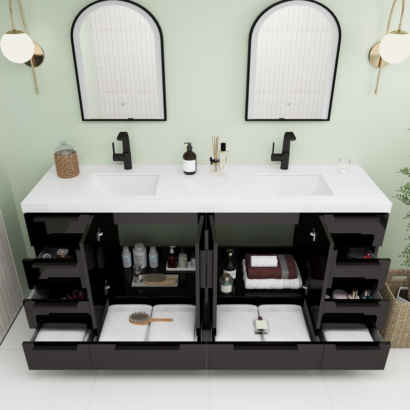 Carla Freestanding Bathroom Vanity with Double Sink, 71", Gloss Black