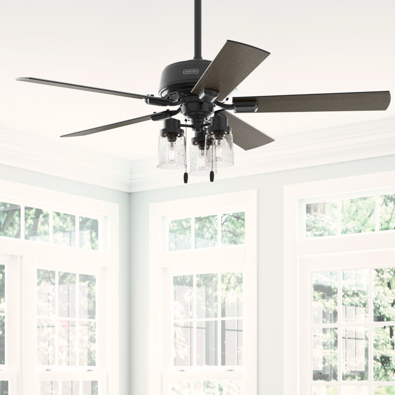 52" Hartland 5 - Blade Standard Ceiling Fan with Pull Chain and Light Kit Included, Matte Black