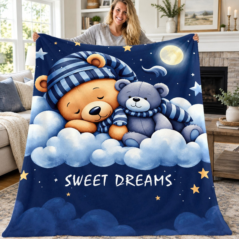 1pc Cute Teddy Bear Clouds Moon Stars Blanket, Cartoon Bear Sleepy Design Flannel Throw, Super Soft Cozy Lightweight Warm Blanket for Sofa Bed Living Room Dorm Office Travel, Home Decor All‑Season Blanket, Machine Washable, Holiday Gift