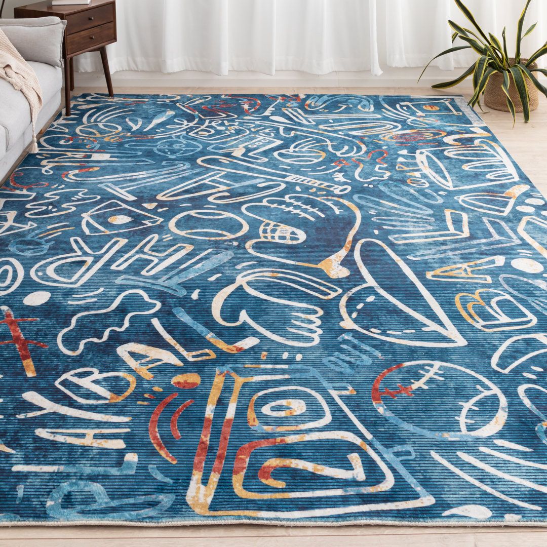 Sportsglyphs Denim Blue Baseball Power Loom Area Rug Katie Merz Rug 