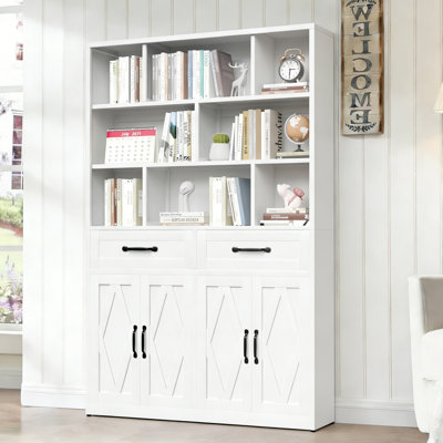 71" H Metal Bookcase With 2 Doors & 2 Drawers, Tall Storage Cabinet With Fixed Open Shelves For Home Office, Living Room, Modern Bookshelf, White