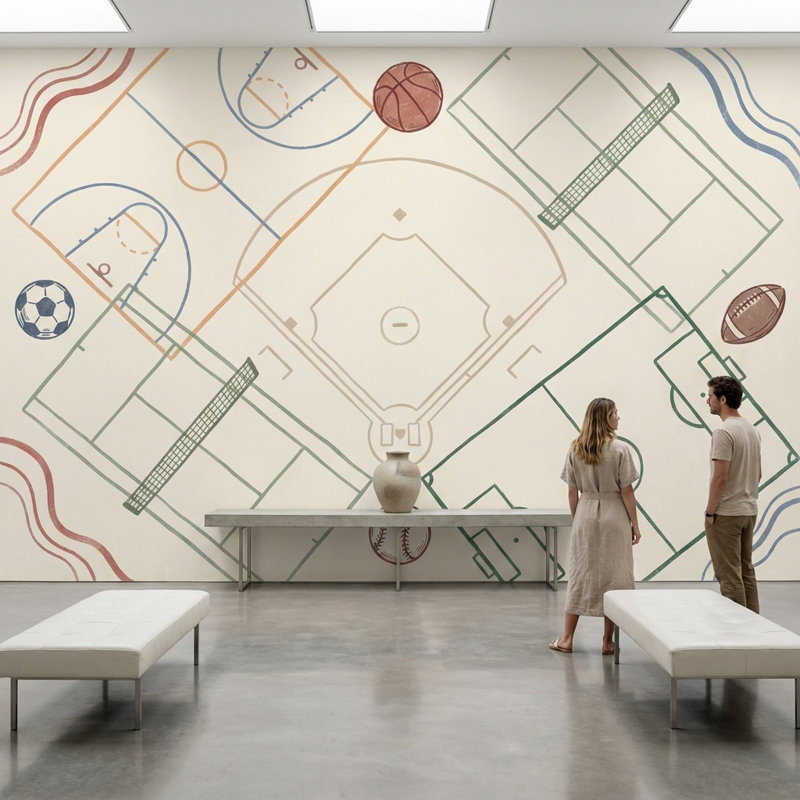 Papier peint mural géométrique abstrait représentant des terrains de sport, 100"x96", Non-Woven Nonpasted