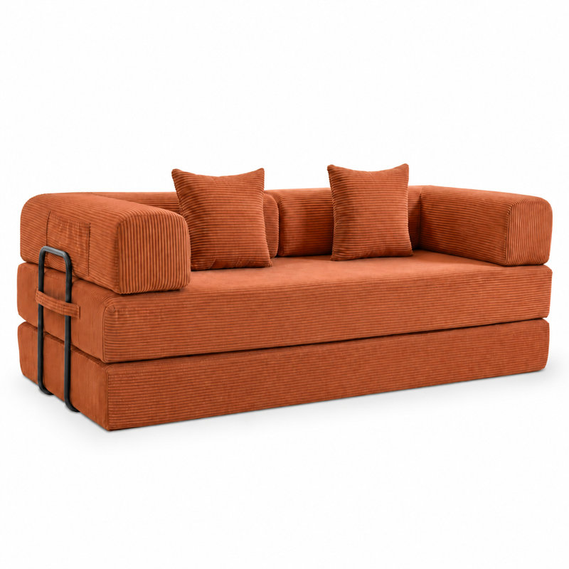 Canapé-lit en velours côtelé de 78,8 po de largeur avec rangement latéral et 2 coussins Morden, Orange