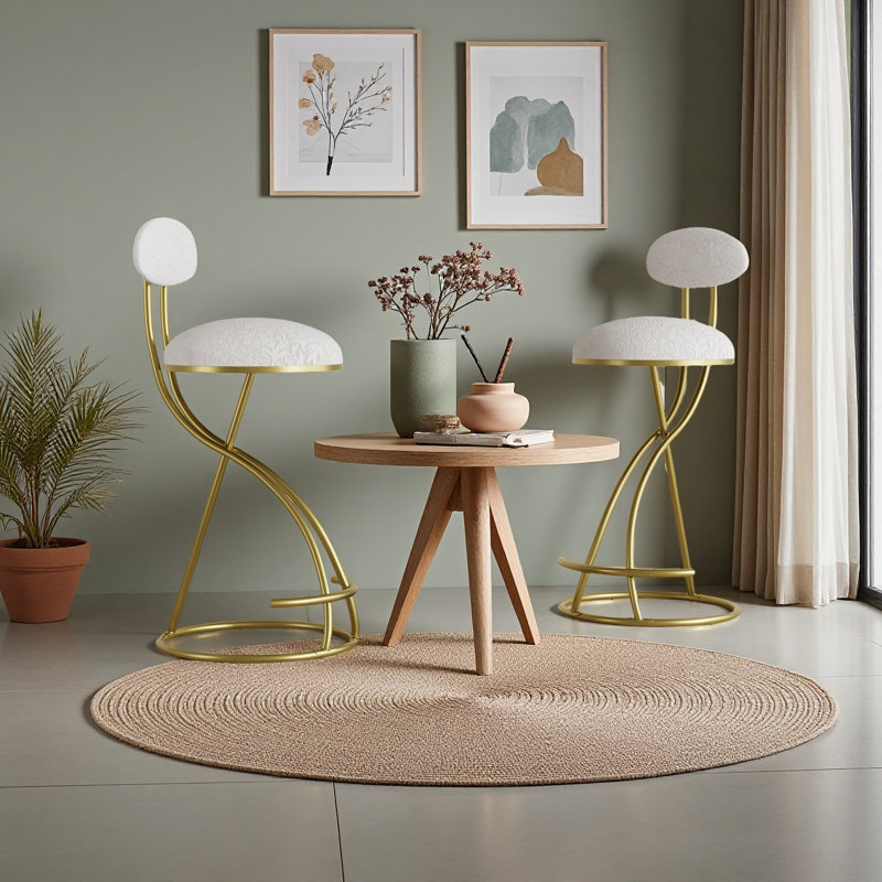 Ensemble de 2 tabourets de bar en forme de S avec dossier et tabourets de bar rembourrés à imprimé floral, Doré