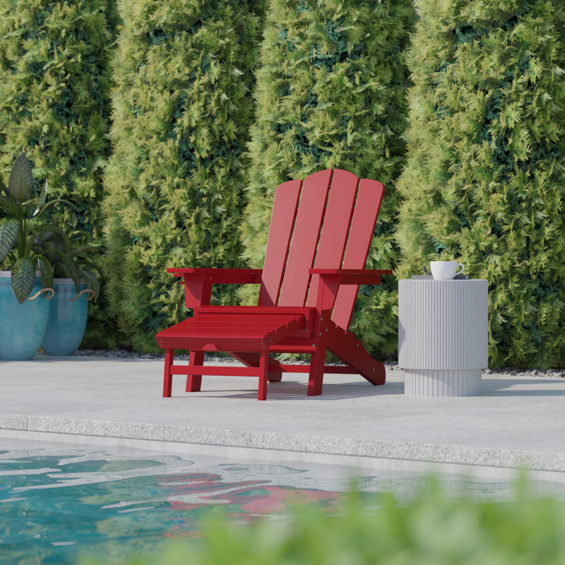 Ayleah Commercial All-Weather HDPE Adirondack Chair with Cup Holder and Pull Out Ottoman, Red