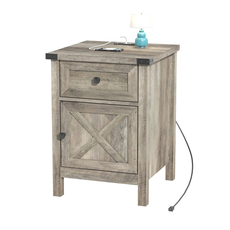 Farmhouse Nightstand With Charging Station, White