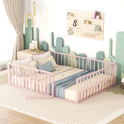 Queen Size Metal Floor Bed Frame With Fence And Door