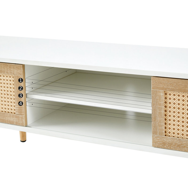 Console de télévision 56,48 po, rangement à double porte coulissante, tablette réglable, pieds en bois massif, blanc, table de forte capacité de charge, portes, pieds pratiques