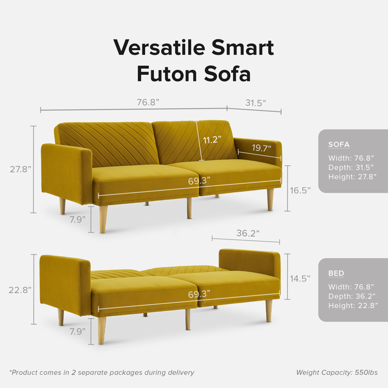 76.8'' Velvet Convertible Sofa, Antique Gold Velvet