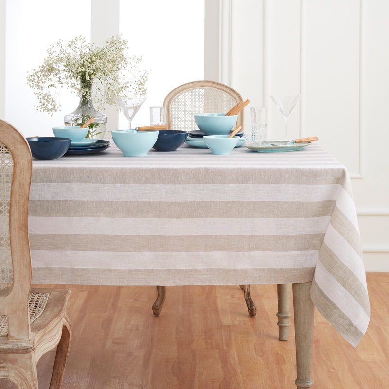 Cabana Stripe - 100% Pure Linen Tablecloth, Natural/White, 120" x 60"