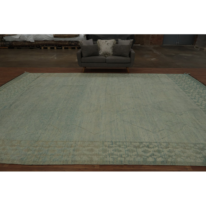 Grand tapis marocain vert et bleu 12 x 16 avec des motifs texturés complexes